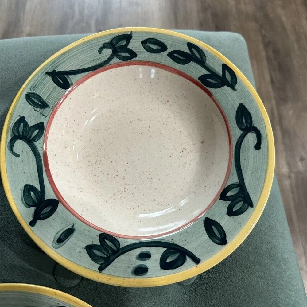 Potter And Smith Stoneware Rim Soup Cereal Bowls Green Speckled Rustic